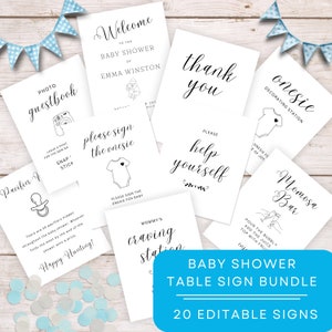 Minimalistisches Babyparty-Tischschild-Bundle, bearbeitbares Babyparty-Spielepaket, Tischschild-Dekorvorlagen, Karten und Geschenke, Windelverlosung, MIN24