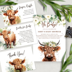 May include: Four printable cards for a baby shower with a highland cow theme. The cards are white with brown text and a watercolor illustration of a highland cow with a floral crown. The text on the cards reads "Diaper Raffle", "Books for Baby", "Oh Baby!" and "Thank You!"