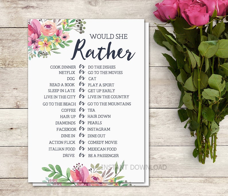 Would She Rather Bridal Shower Game, Floral Bridal Shower Game, Bridal Shower Activity, Bachelorette Party Game, Wedding, Printable No. 1018 image 6