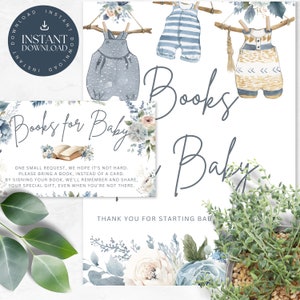 Livres pour signe de table de bébé et carte d'insertion, modèle de thème modifiable de vêtements de bébé bleus, signe de demande de livre de bébé garçon, blanchisserie de bébé de Boho, BC01