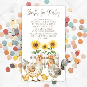Modèle de carte modifiable de demande de livre de baby shower de poulet, insertion d'invitation de bibliothèque de chambre d'enfant de sexe neutre d'animal de la ferme, FA24