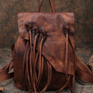 Handmade Cow Leather Fashion Backpack with Tassels
