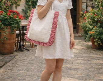 Handmade Canvas Tote Bag with Red Gingham Ruffles – Farmhouse Retro Style