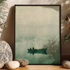 Serene Lake Boat Print: Tranquil Waters, Ethereal Mist (Digital Download)