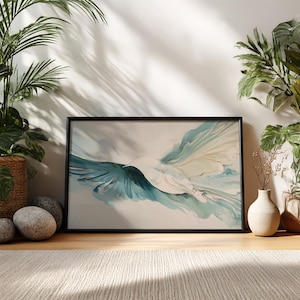 Abstrakter Vogel im Flug Wandkunst | Fluid Blue Cream Malerei | Beruhigender Tierdruck für moderne ruhige und minimalistische Innenräume