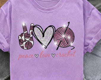 Peace Loves Crochet Png, Glitter Yarn Ball Clipart, Crochet Hook Graphic, Knitting Lover Gift, Crafty Mom Shirt Print, Digital Download