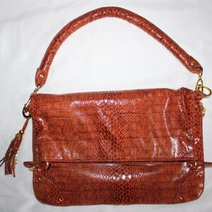 JM Joy Mangano Convertible Expandable Drop Python Bag Tote Sholuder Clutch Brown