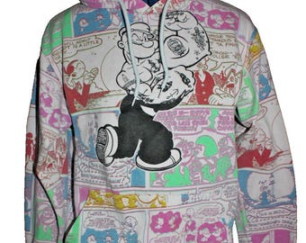 Popeye Hoodie Unisex S Colorful Cartoon Sweatshirt Comic Glitch Effect Drawstrin