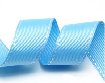 5ヤード ライトブルー/ホワイト グログランステッチリボン - 5 mm(2/8'')、10 mm(3/8'')、15 mm(5/8'')、25 mm(1'')