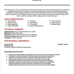 May include: A resume template with the name "YOUR Name" at the top, followed by contact information and a job title. The document outlines core competencies, technical skills, and professional experience, including responsibilities and key achievements. The document is black text on a white background.