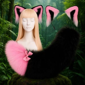 Black Faux fur fox ear and tail curved wolf tail and ear cat tail and ear kitten ear and tail set anime cosplay ear and tail petplay Custom