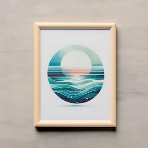 Ocean Sunset Circle Art - Coastal Wave Print - Modern Beach Digital Download - Teal Turquoise Wall Decor - Printable Art