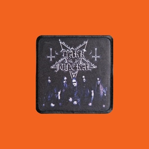 May include: A square black patch featuring the band name "DARK FUNERAL" in white gothic lettering, with a pentagram and inverted crosses. Below the text are silhouettes of band members. The patch has a black border and is set against an orange background.