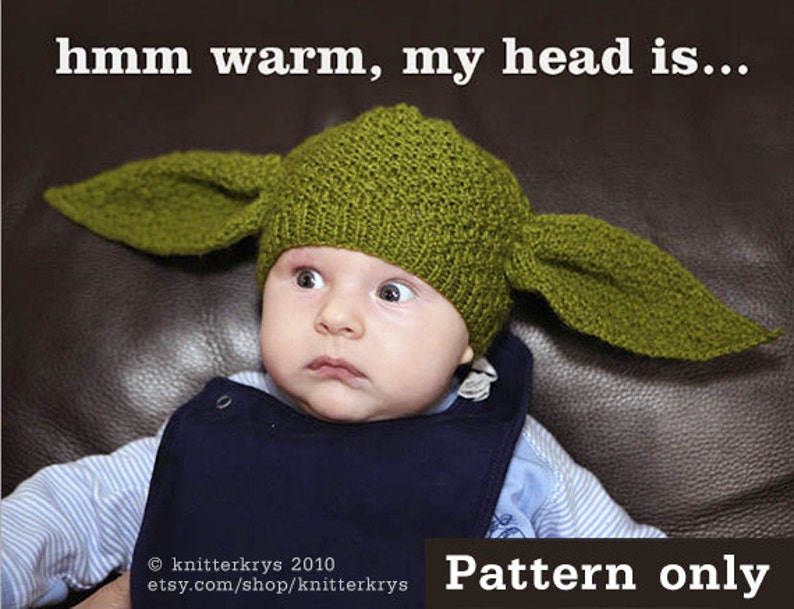 PDF pattern only Knitting Grogu/Yoda/Dobby Hat Pattern baby, child & adult sizing included instant Download . Halloween, Baby shower, image 1