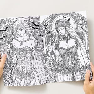 Puede incluir: Doble p&aacute;gina de un libro para colorear con dos ilustraciones g&oacute;ticas de mujeres con cors&eacute;s y vestidos detallados. Los dibujos son en blanco y negro, con murci&eacute;lagos y elementos arquitect&oacute;nicos ornamentados.