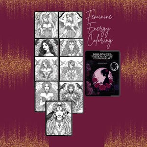 Puede incluir: Una colecci&oacute;n de ilustraciones en blanco y negro de mujeres con temas g&oacute;ticos y m&iacute;sticos. Las im&aacute;genes est&aacute;n dispuestas alrededor de una tableta que muestra una portada de libro para colorear con el texto "Dark Beauties: Mystical Gothic Zentangle Art" y las palabras "Feminine Energy Coloring".