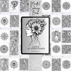 May include: A black and white coloring book titled "Lotus of Inner Power" with a woman's profile on the cover, adorned with floral elements. The image includes various intricate mandala and floral designs, perfect for relaxation and creative expression.