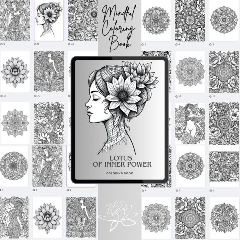 May include: A black and white coloring book titled "Lotus of Inner Power" with a woman's profile on the cover, adorned with floral elements. The image includes various intricate mandala and floral designs, perfect for relaxation and creative expression.