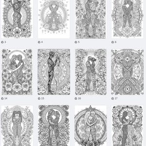 May include: A collection of black and white line art prints featuring couples embracing, surrounded by floral and geometric patterns. Each print showcases intricate details and varying poses, suitable for coloring or decorative purposes.