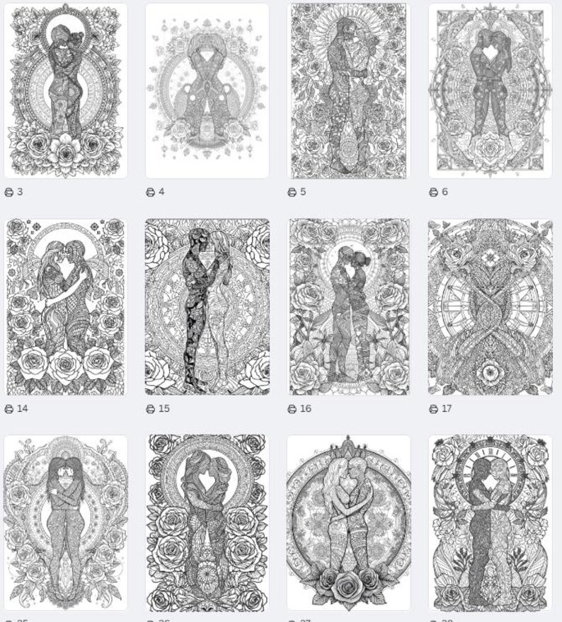 May include: A collection of black and white line art prints featuring couples embracing, surrounded by floral and geometric patterns. Each print showcases intricate details and varying poses, suitable for coloring or decorative purposes.
