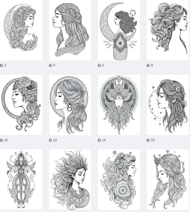 Livre de coloriage sur l'énergie féminine PDF | Art de la déesse et de la lune, coloriages de méditation pour prendre soin de soi et Zentangle pour soulager l'anxiété | Téléchargement instantané image 16