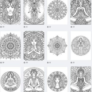 Puede incluir: Una colecci&oacute;n de ilustraciones en blanco y negro que representan mujeres, mandalas y figuras espirituales. Cada imagen est&aacute; numerada y es adecuada para colorear o proyectos art&iacute;sticos.