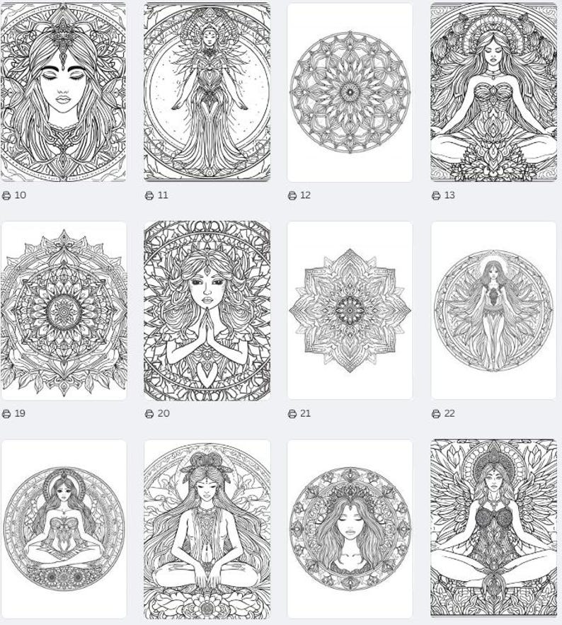 Puede incluir: Una colecci&oacute;n de ilustraciones en blanco y negro que representan mujeres, mandalas y figuras espirituales. Cada imagen est&aacute; numerada y es adecuada para colorear o proyectos art&iacute;sticos.