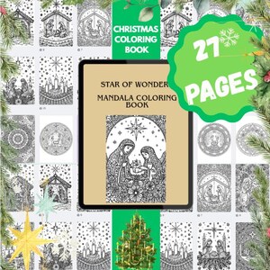 Könnte beinhalten: Ein digitales Weihnachts-Malbuch mit dem Titel Star of Wonder Mandala Coloring Book, das 27 Seiten mit schwarz-weißen Strichzeichnungen von Krippenszenen, Sternen und floralen Mandalas auf einem Tablet-Bildschirm zeigt.
