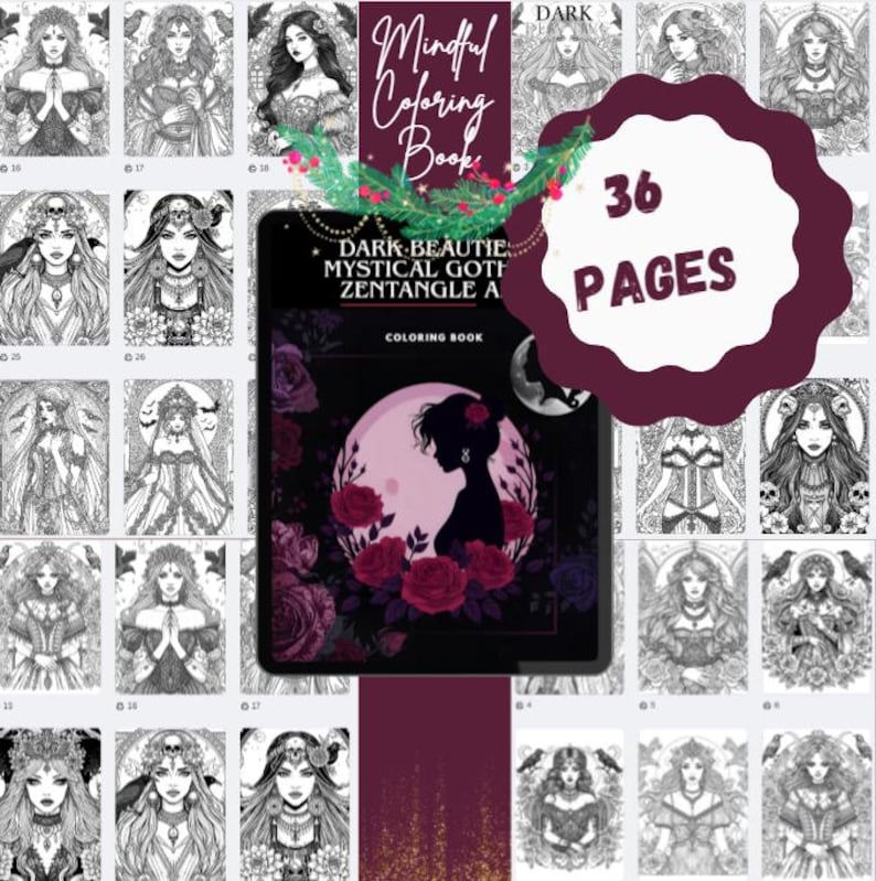 Puede incluir: Se muestra un libro para colorear titulado "Dark Beautie Mystical Goth Zentangle A", rodeado de ilustraciones detalladas en blanco y negro de mujeres g&oacute;ticas. La portada presenta una silueta de mujer con rosas y una luna. El libro tiene 36 p&aacute;ginas.