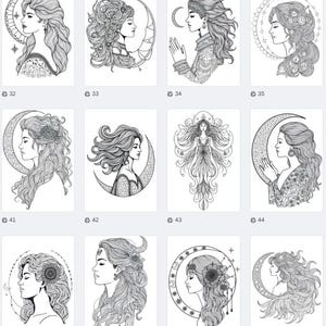 Peut inclure: Une collection d'illustrations en noir et blanc repr&eacute;sentant des femmes aux cheveux fluides, des lunes et des &eacute;l&eacute;ments c&eacute;lestes. Chaque image est une vue de profil, adapt&eacute;e au coloriage ou aux projets artistiques.