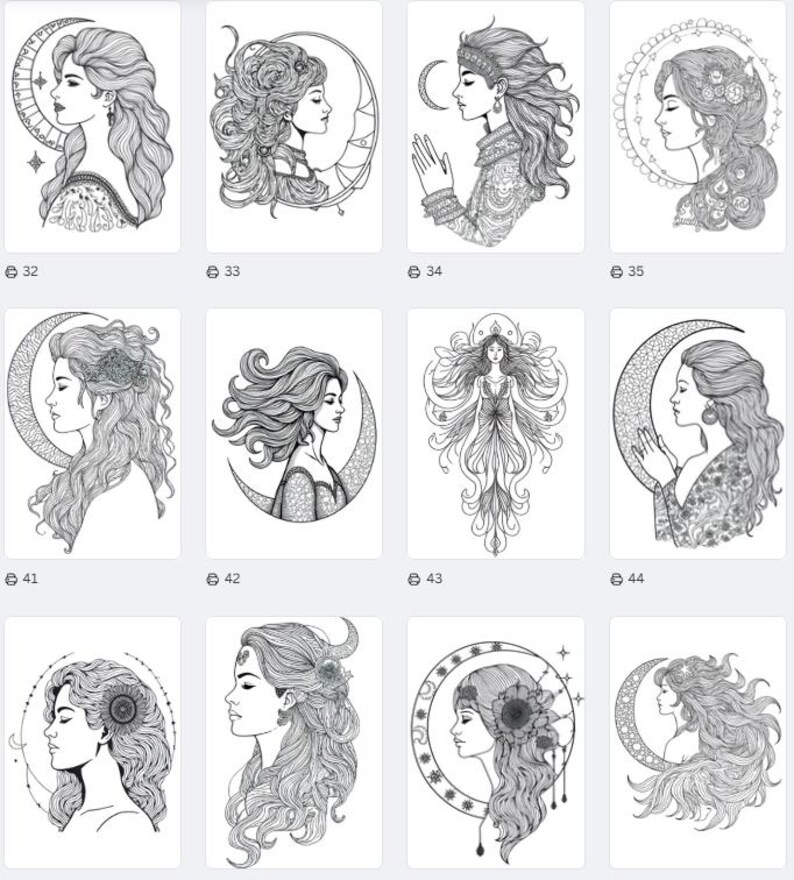 Peut inclure: Une collection d'illustrations en noir et blanc repr&eacute;sentant des femmes aux cheveux fluides, des lunes et des &eacute;l&eacute;ments c&eacute;lestes. Chaque image est une vue de profil, adapt&eacute;e au coloriage ou aux projets artistiques.