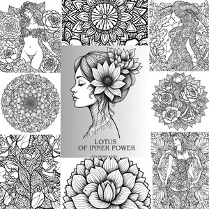 May include: A collection of black and white coloring book pages. The pages feature floral designs, mandalas, and illustrations of women. One page has the text "LOTUS OF INNER POWER COLORING BOOK".