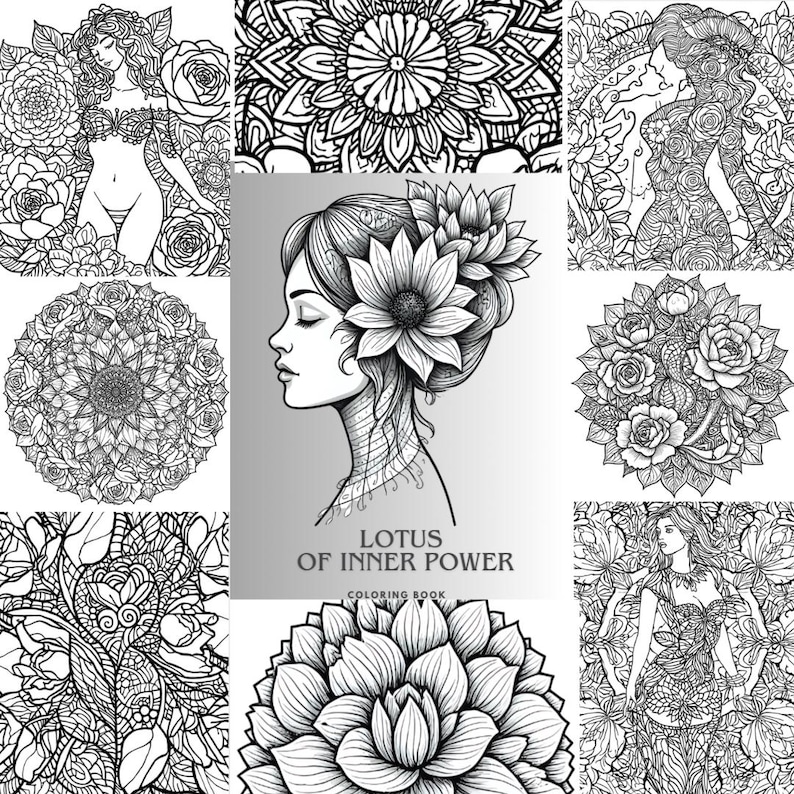 May include: A collection of black and white coloring book pages. The pages feature floral designs, mandalas, and illustrations of women. One page has the text "LOTUS OF INNER POWER COLORING BOOK".