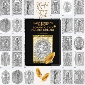 May include: A collection of black and white line art illustrations, featuring romantic figures and floral designs. The central image is a coloring book titled "Dark Feminine Energy Romantic Two Figures Line Art". Gold feathers are placed in the foreground.