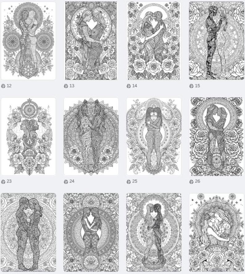 May include: A collection of black and white line art illustrations featuring couples embracing. Each image is intricately detailed with floral and geometric patterns, creating a romantic and artistic theme. The images are suitable for coloring or decorative purposes.