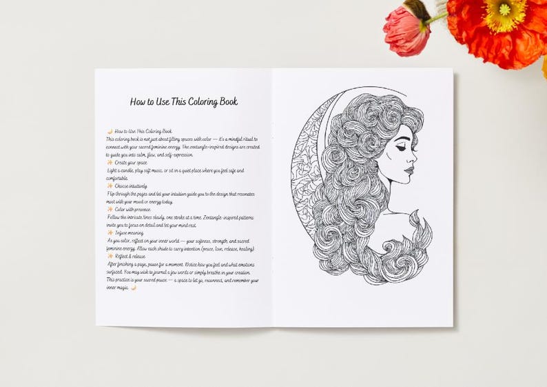 Peut inclure: Livre de coloriage ouvert avec une illustration en noir et blanc d'une femme aux longs cheveux ondul&eacute;s et un motif de croissant de lune. Le texte "How to Use This Coloring Book" est visible sur la page de gauche, avec des instructions.