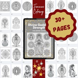 May include: A digital tablet displays a coloring book cover titled Divine Goddess Strength with a central illustration of a goddess figure. The screen is surrounded by a grid of various black and white goddess-themed coloring pages.