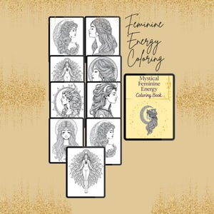 Peut inclure: Plusieurs illustrations en noir et blanc de femmes aux cheveux fluides et &eacute;l&eacute;ments c&eacute;lestes. Le texte "Feminine Energy Coloring" et "Mystical Feminine Energy Coloring Book" sont visibles. Les images sont sur un fond brun clair.