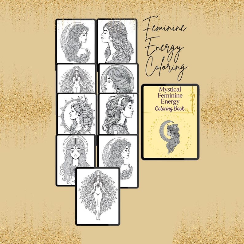Peut inclure: Plusieurs illustrations en noir et blanc de femmes aux cheveux fluides et &eacute;l&eacute;ments c&eacute;lestes. Le texte "Feminine Energy Coloring" et "Mystical Feminine Energy Coloring Book" sont visibles. Les images sont sur un fond brun clair.