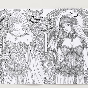 Puede incluir: Doble p&aacute;gina de un libro para colorear con ilustraciones detalladas de mujeres g&oacute;ticas. Cada mujer lleva un cors&eacute; y un vestido largo, con murci&eacute;lagos y fondos ornamentados. La obra de arte es en blanco y negro.