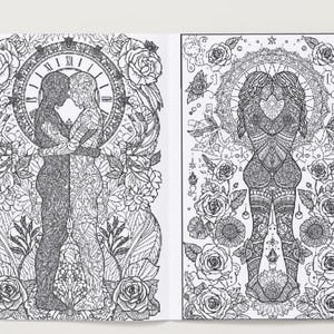 May include: A black and white coloring book spread featuring intricate illustrations. One page depicts two figures embracing within a clock face and floral elements. The other page shows a single figure with a heart design, surrounded by roses and decorative patterns.