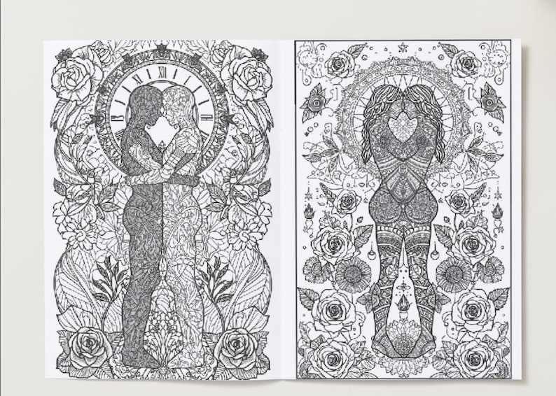May include: A black and white coloring book spread featuring intricate illustrations. One page depicts two figures embracing within a clock face and floral elements. The other page shows a single figure with a heart design, surrounded by roses and decorative patterns.