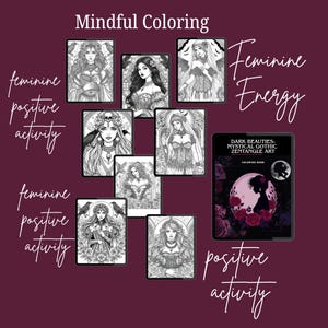 Puede incluir: Una colecci&oacute;n de ilustraciones en blanco y negro de mujeres, mostradas en tabletas, con el texto "Mindful Coloring", "Feminine Energy" y "Dark Beauties: Mystical Gothic Zentangle Art". Las ilustraciones est&aacute;n rodeadas por las palabras "feminine positive activity".