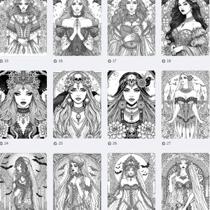 Puede incluir: Una colecci&oacute;n de ilustraciones en blanco y negro de mujeres g&oacute;ticas. Cada retrato presenta a una mujer con peinados elaborados, joyas y ropa detallada. Algunas im&aacute;genes incluyen cuervos y murci&eacute;lagos, con n&uacute;meros en la parte inferior.