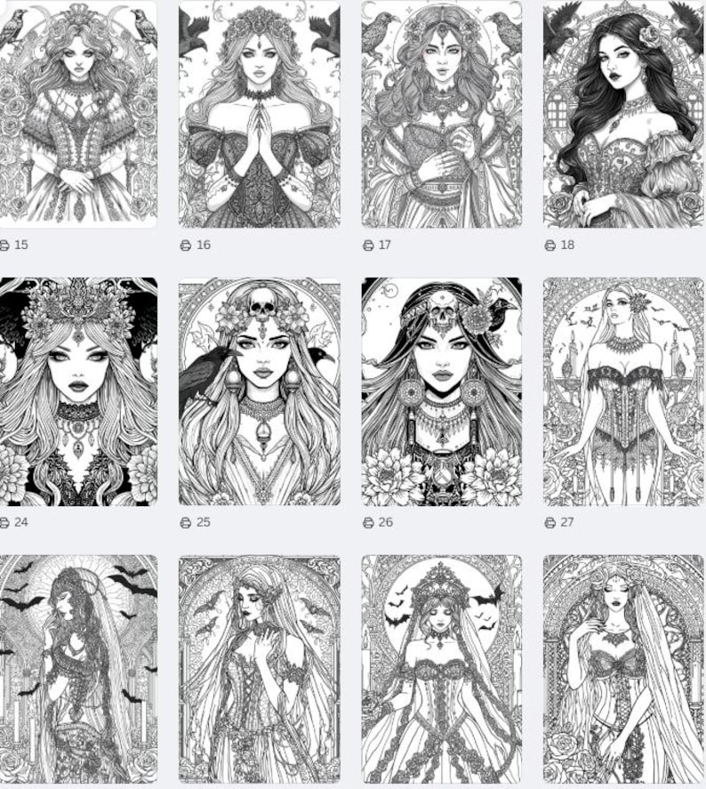 Puede incluir: Una colecci&oacute;n de ilustraciones en blanco y negro de mujeres g&oacute;ticas. Cada retrato presenta a una mujer con peinados elaborados, joyas y ropa detallada. Algunas im&aacute;genes incluyen cuervos y murci&eacute;lagos, con n&uacute;meros en la parte inferior.