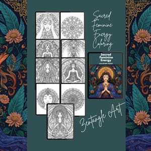 Puede incluir: Una impresi&oacute;n de arte digital con una colecci&oacute;n de p&aacute;ginas para colorear con intrincadas ilustraciones de mujeres y mandalas. Tambi&eacute;n es visible el texto "Sacred Feminine Energy Coloring" y "Zentangle Art".