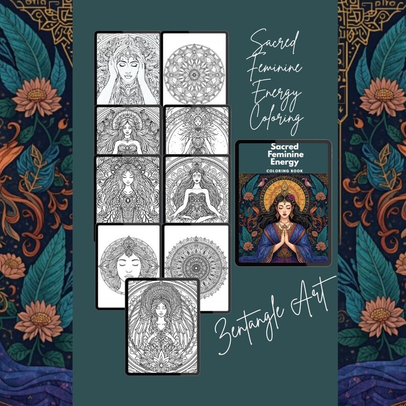 Puede incluir: Una impresi&oacute;n de arte digital con una colecci&oacute;n de p&aacute;ginas para colorear con intrincadas ilustraciones de mujeres y mandalas. Tambi&eacute;n es visible el texto "Sacred Feminine Energy Coloring" y "Zentangle Art".