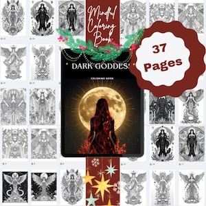 May include: A digital coloring book titled Mindful Coloring Book Dark Goddess featuring 37 pages of intricate black and white illustrations of goddesses, moons, and skulls. The cover displays a silhouette of a figure against a large full moon.