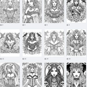 Puede incluir: Una colecci&oacute;n de p&aacute;ginas para colorear en blanco y negro con retratos de mujeres de estilo g&oacute;tico. Cada retrato est&aacute; intrincadamente detallado con dise&ntilde;os florales y ornamentales, y algunos incluyen cuervos.