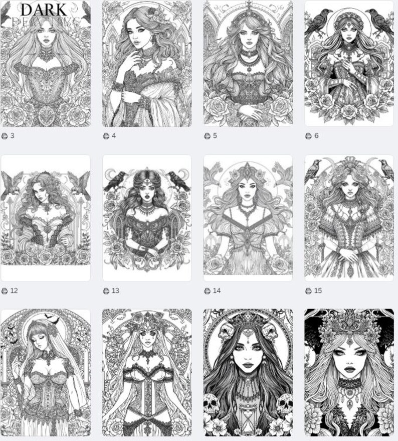 Puede incluir: Una colecci&oacute;n de p&aacute;ginas para colorear en blanco y negro con retratos de mujeres de estilo g&oacute;tico. Cada retrato est&aacute; intrincadamente detallado con dise&ntilde;os florales y ornamentales, y algunos incluyen cuervos.